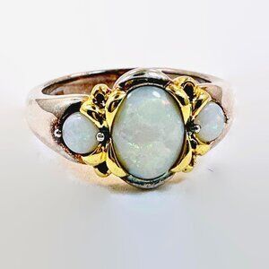 Vintage Opal Ring Sterling Silver: Natural Opal Gold Vermeil Three Stones